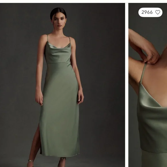 BHLDN Cali Satin Cowl-Neck Midi Slip Dress 💚 - Picture 1 of 6